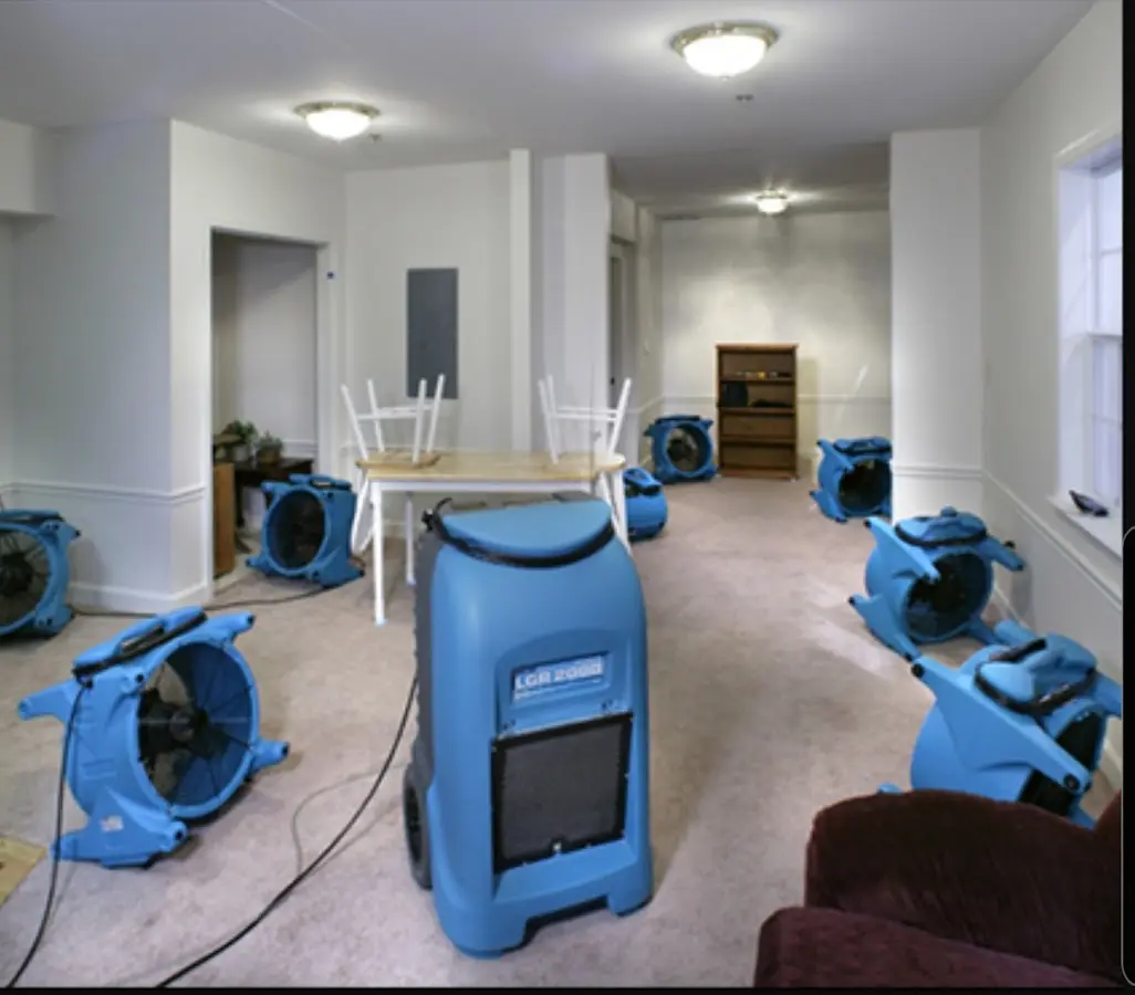 Air movers and dehumidifier setup for Water Damage Restoration in Bel Air North